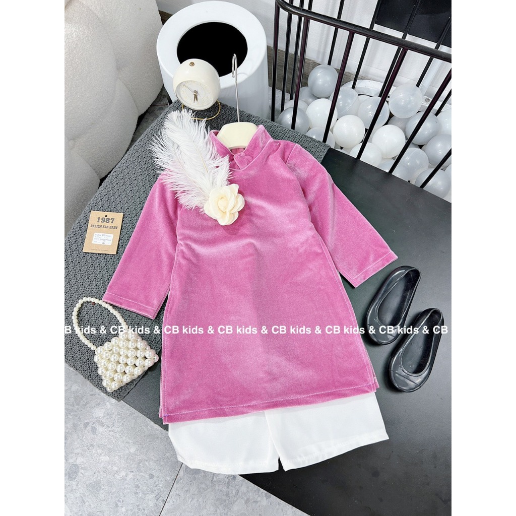 Set áo dài cách tân nhung hoa đính lông xinh xắn đáng yêu cho bé gái 10-30kg