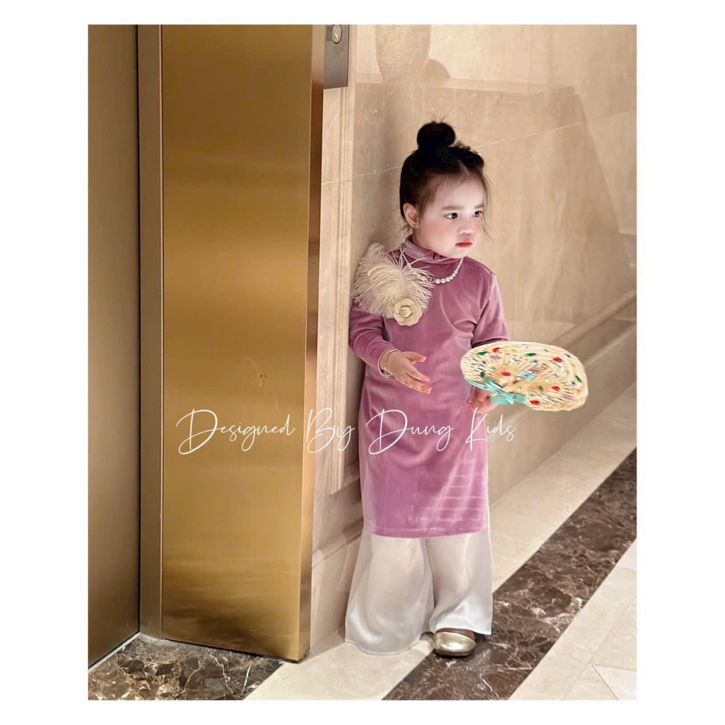 Set áo dài cách tân nhung hoa đính lông xinh xắn đáng yêu cho bé gái 10-30kg