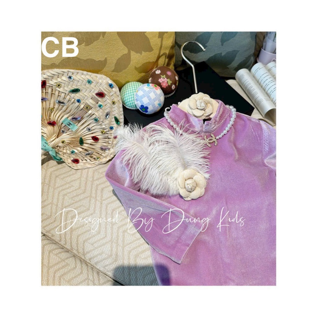 Set áo dài cách tân nhung hoa đính lông xinh xắn đáng yêu cho bé gái 10-30kg