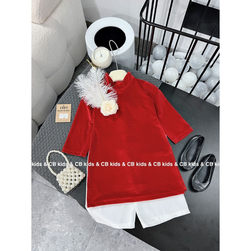 Set áo dài cách tân nhung hoa đính lông xinh xắn đáng yêu cho bé gái 10-30kg