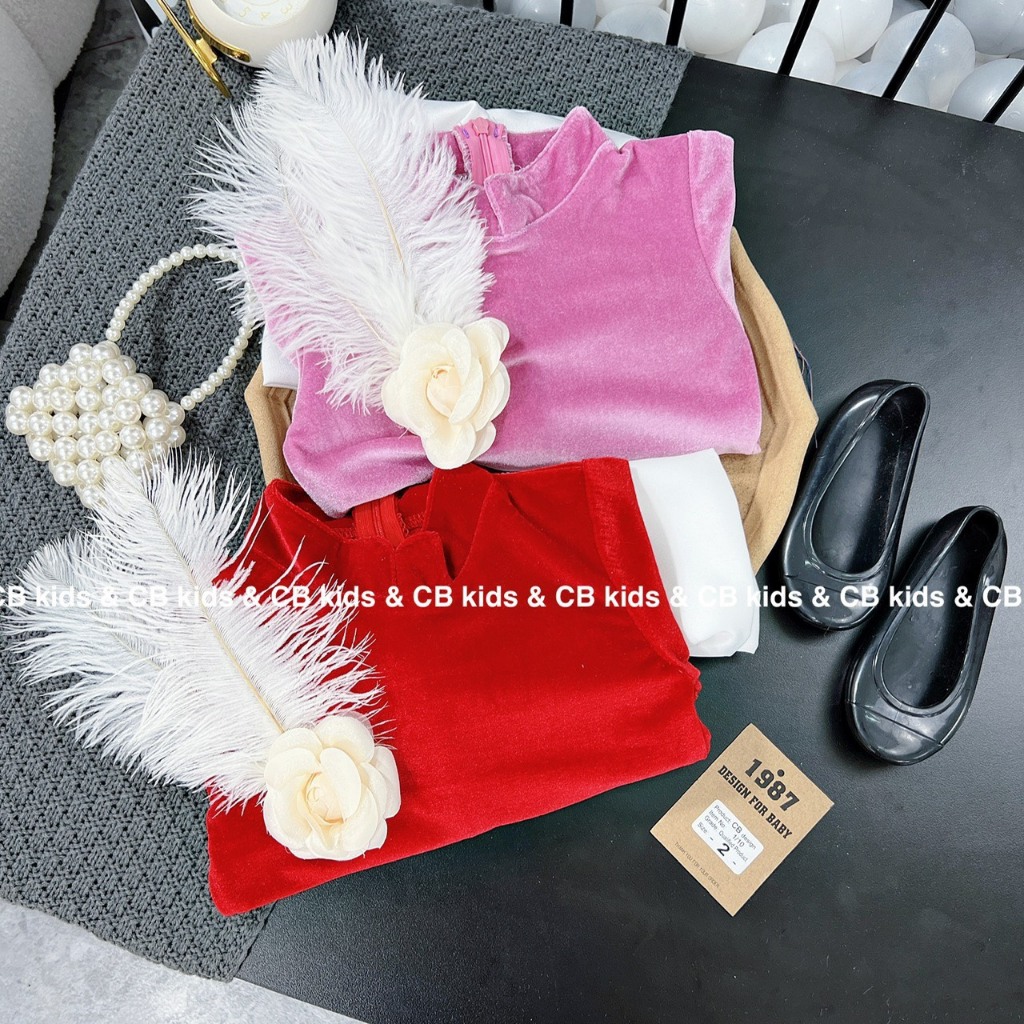 Set áo dài cách tân nhung hoa đính lông xinh xắn đáng yêu cho bé gái 10-30kg
