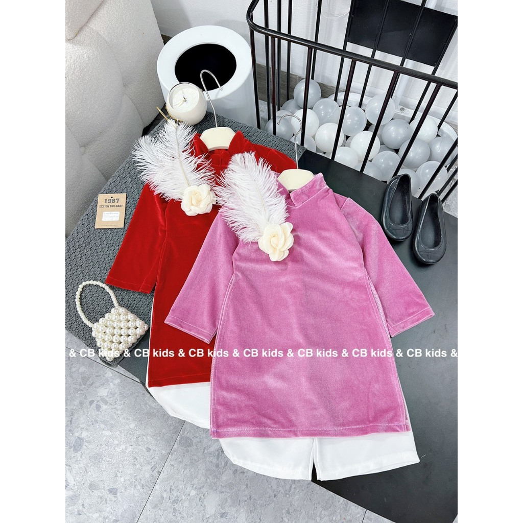 Set áo dài cách tân nhung hoa đính lông xinh xắn đáng yêu cho bé gái 10-30kg