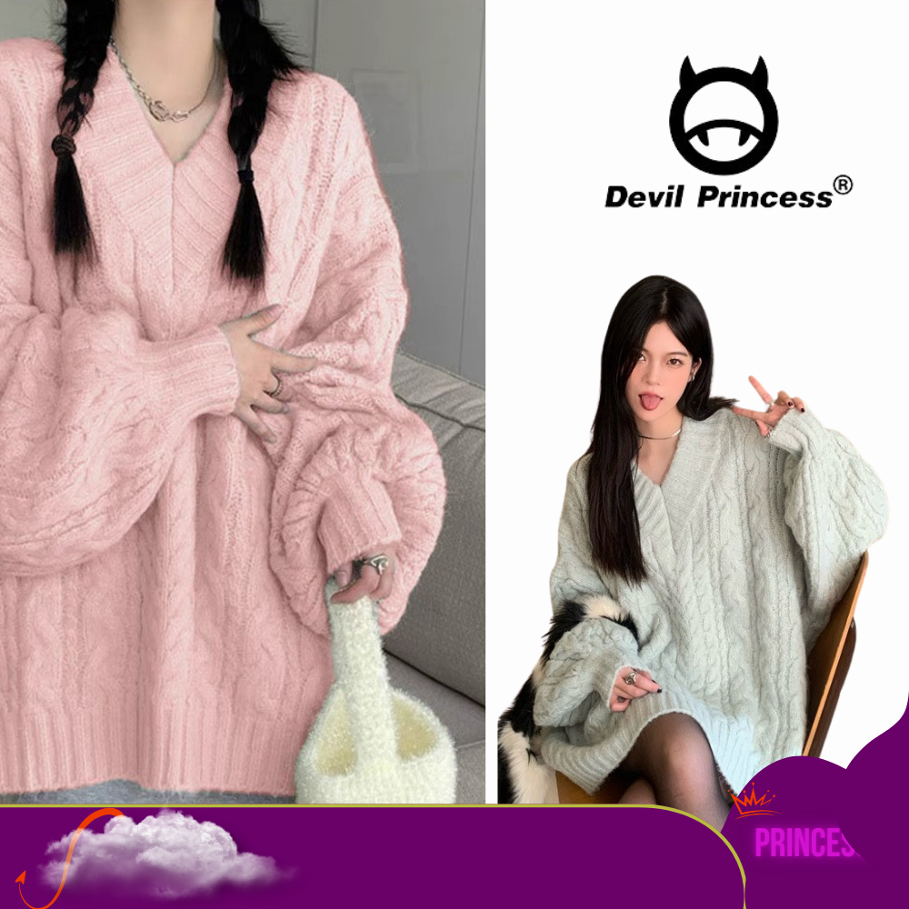 Áo len nữ cổ V vặn thừng dày ấm DELIZ len mùa đông tông màu pastel xu hướng mùa đông Devil Princess