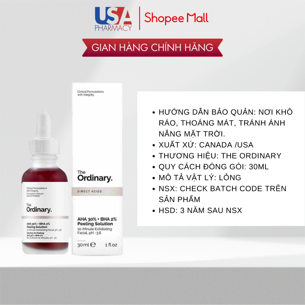 Serum Tẩy Tế Bào Chết, Giảm Mụn Swisse The Ordinary AHA 30% BHA 2% Peeling Solution Chính Hãng