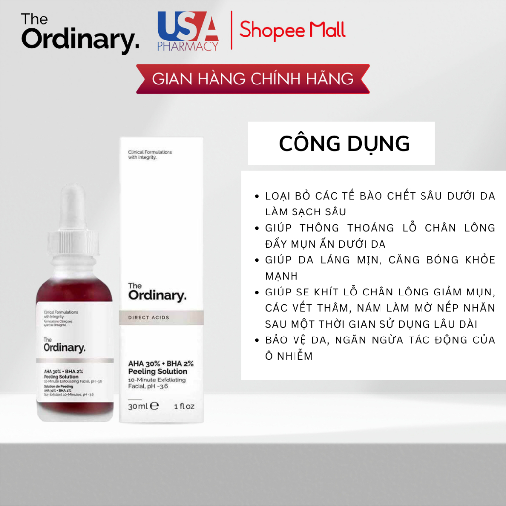 Serum Tẩy Tế Bào Chết, Giảm Mụn Swisse The Ordinary AHA 30% BHA 2% Peeling Solution Chính Hãng