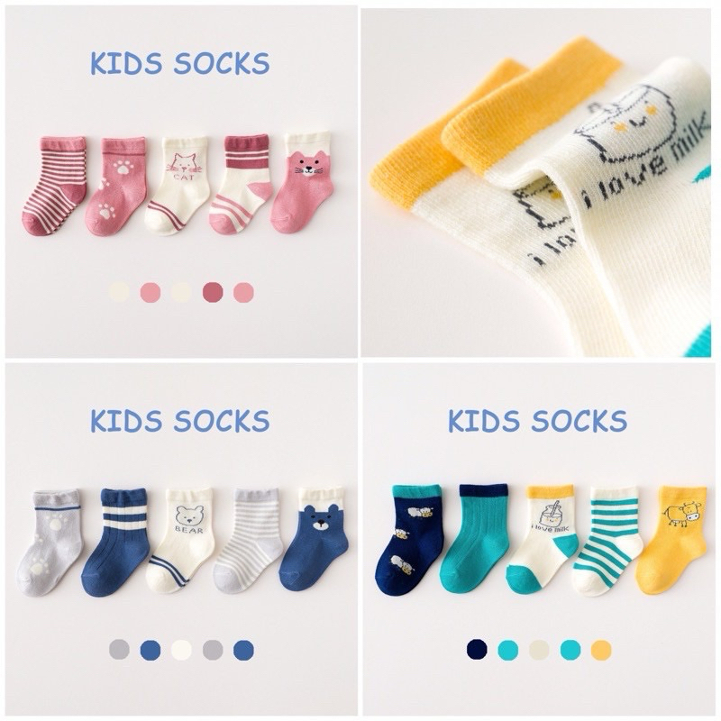 Sét 5 Đôi Tất Cotton Nỉ Loại Dày Ấm Cho Bé Hoạ Tiết Mèo Và Gấu Xanh