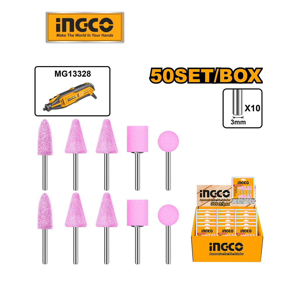 Bộ 10 đầu mài cho máy mài khuôn mini INGCO AKB1012 cốt 3mm thích hợp cho máy mài khuôn MG13328 MG2008 CMGLI12011