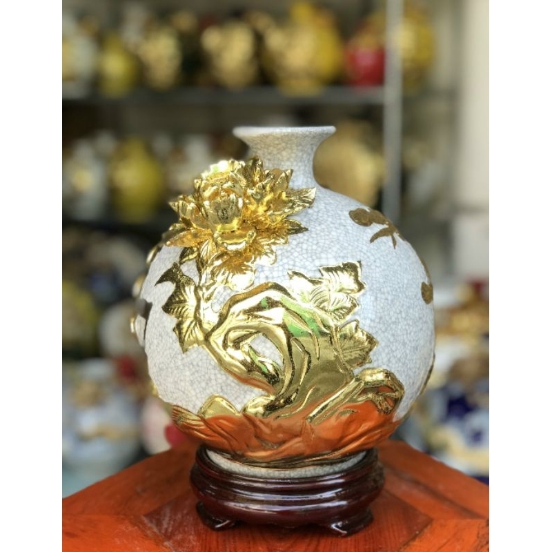 Bình hút lộc, lọ hoa hút tài lộc Thư Pháp_Vạn Sự Như Ý_ gốm sứ bát tràng dát vàng 24k