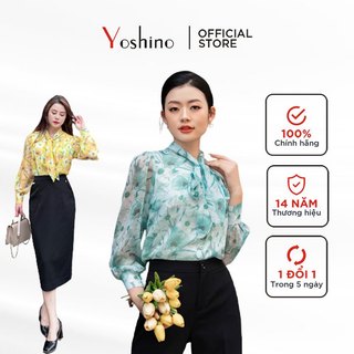 Sơ mi cổ thắt nơ hoạ tiết tơ hoa Yoshino