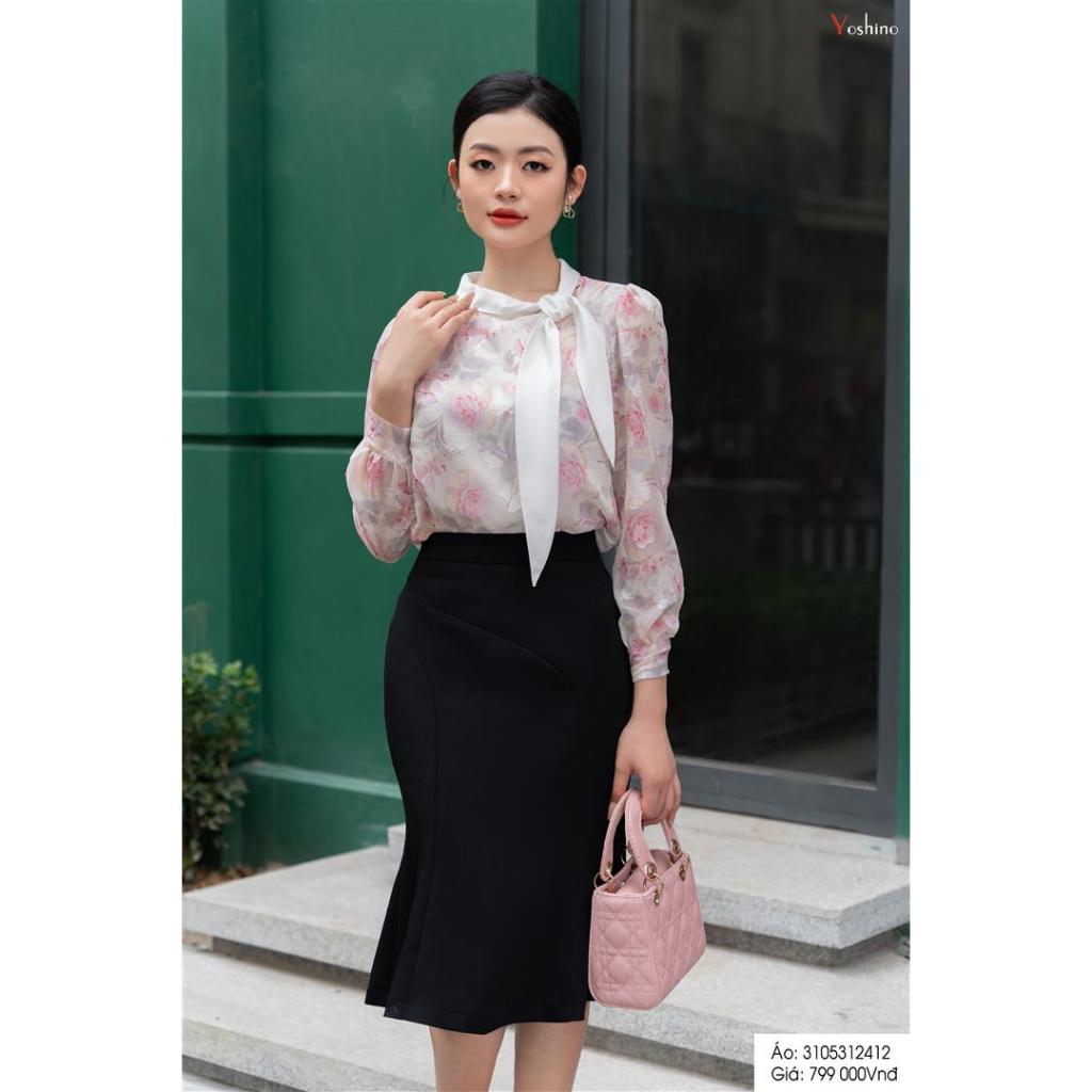 Sơ mi nơ cổ hoạ tiết hoa hồng Yoshino