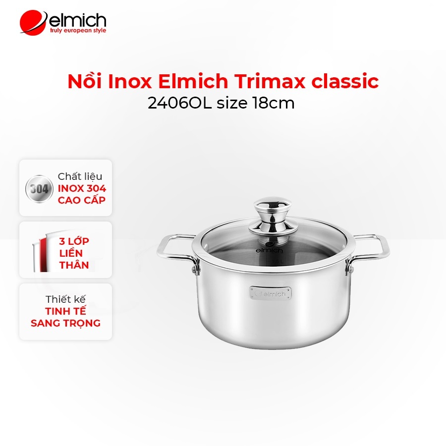 [Chỉ còn 230K sau khi áp voucher ] Nồi Inox 3 lớp đáy liền Elmich Trimax classic 2406OL size 18cm