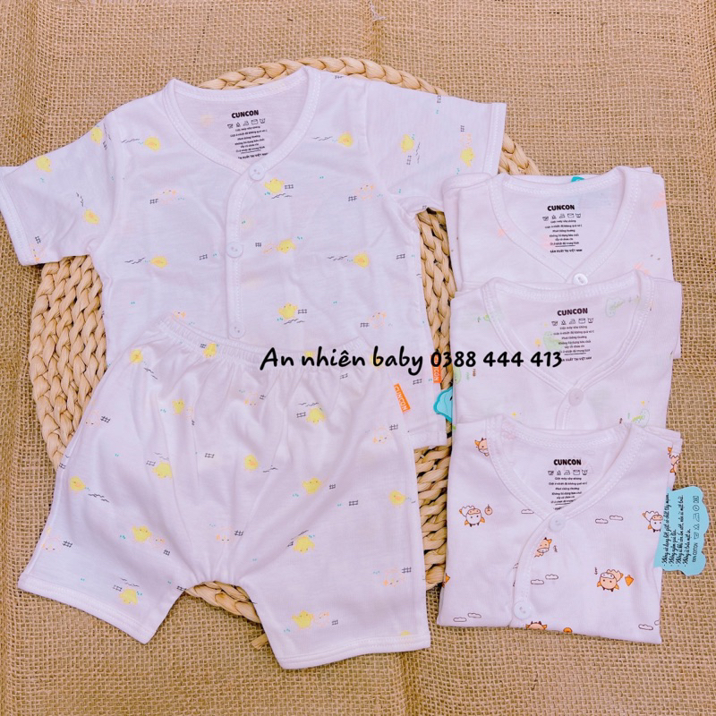 Bộ tay ngắn sơ sinh cotton cao cấp CUNCON | Mẫu bộ quần áo Họa Tiết Cài Lệch | Size 1,2,3 cho bé sơ sinh - 9kg