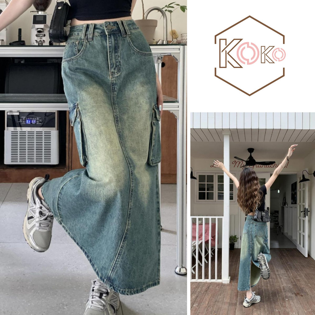 Chân váy jeans nữ dáng dài túi hộp cá tính, chân váy bò chất dày dặn cạp cao tôn dáng siêu đẹp hottrend KOKO