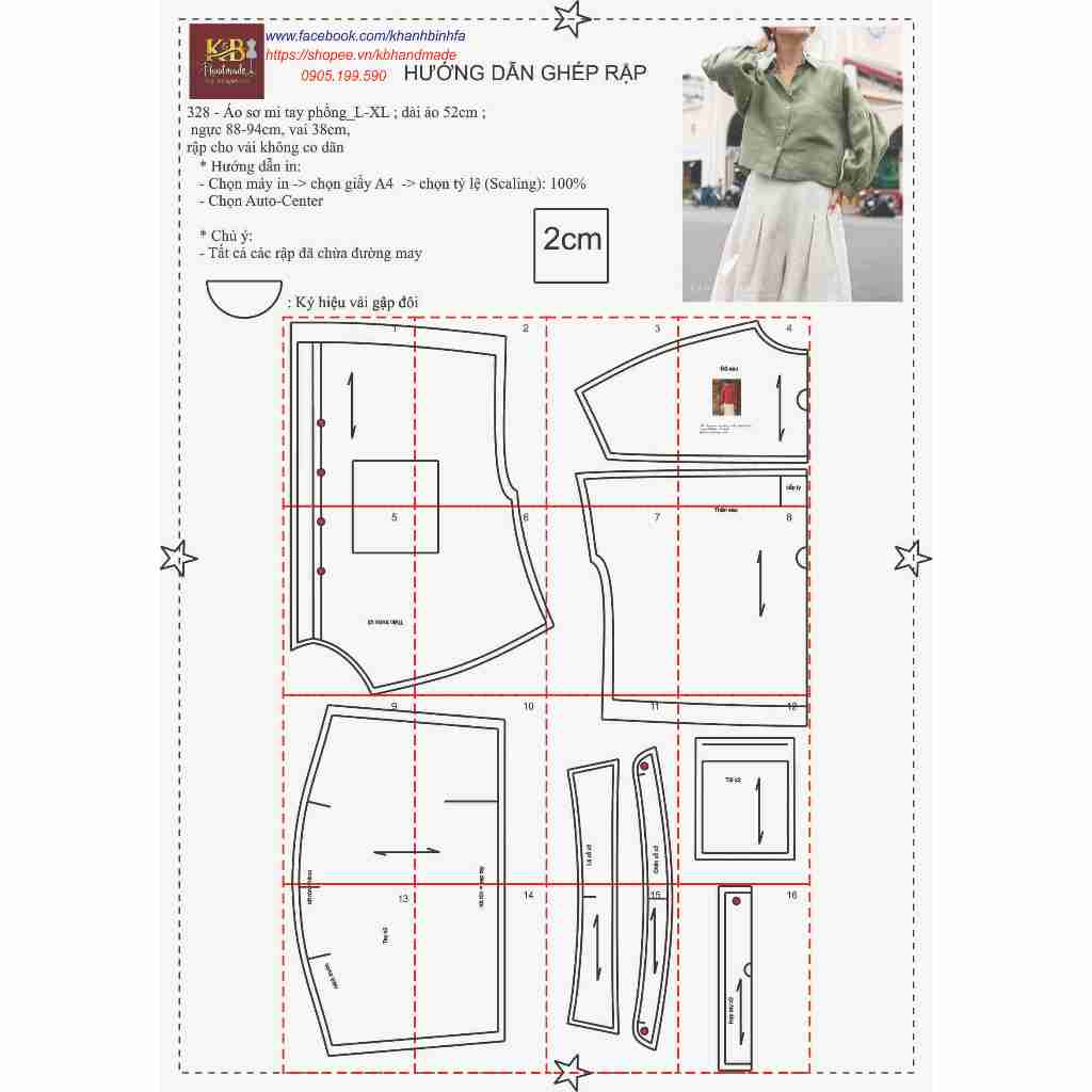 Rập giấy A0 mã 328 - Rập áo sơ mi tay phồng