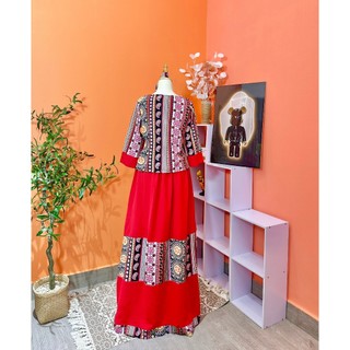 [Freeship] Sét đầm maxi suông đỏ thổ cẩm có sẵn - Nhà Lỳ Có Maxi