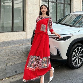 [Freeship] Sét đầm maxi suông đỏ thổ cẩm có sẵn - Nhà Lỳ Có Maxi