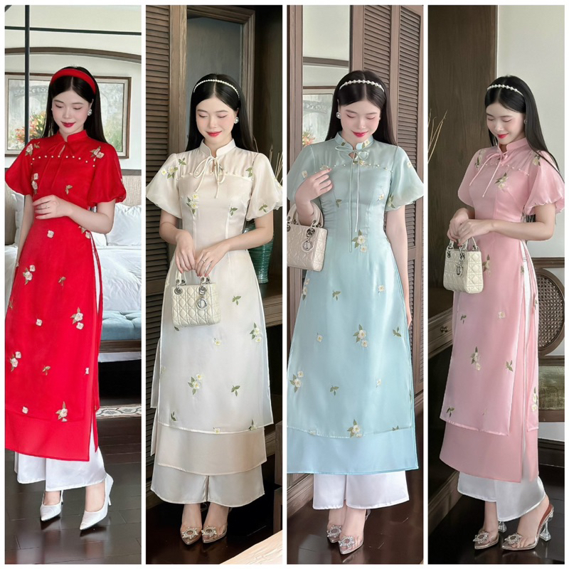 Áo dài cách tân nữ chất liệu tơ ánh kim cao cấp thêu hoa 4 màu thắt nơ kết hợp tay bồng diệu đà-M53