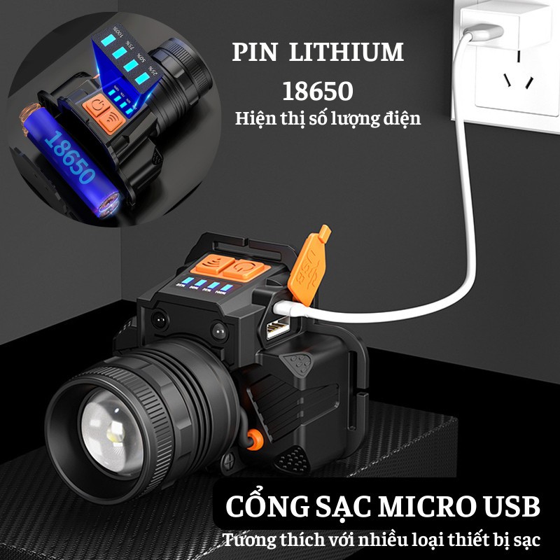 Đèn Pin Đội Đầu Shikio Siêu Sáng Chống Nước Tích Điện Vỏ Kim Loại Kèm Sạc