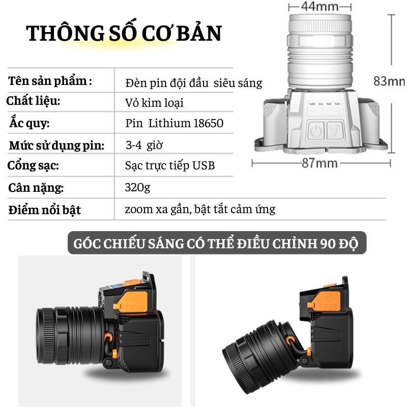 Đèn Pin Đội Đầu Shikio Siêu Sáng Chống Nước Tích Điện Vỏ Kim Loại Kèm Sạc