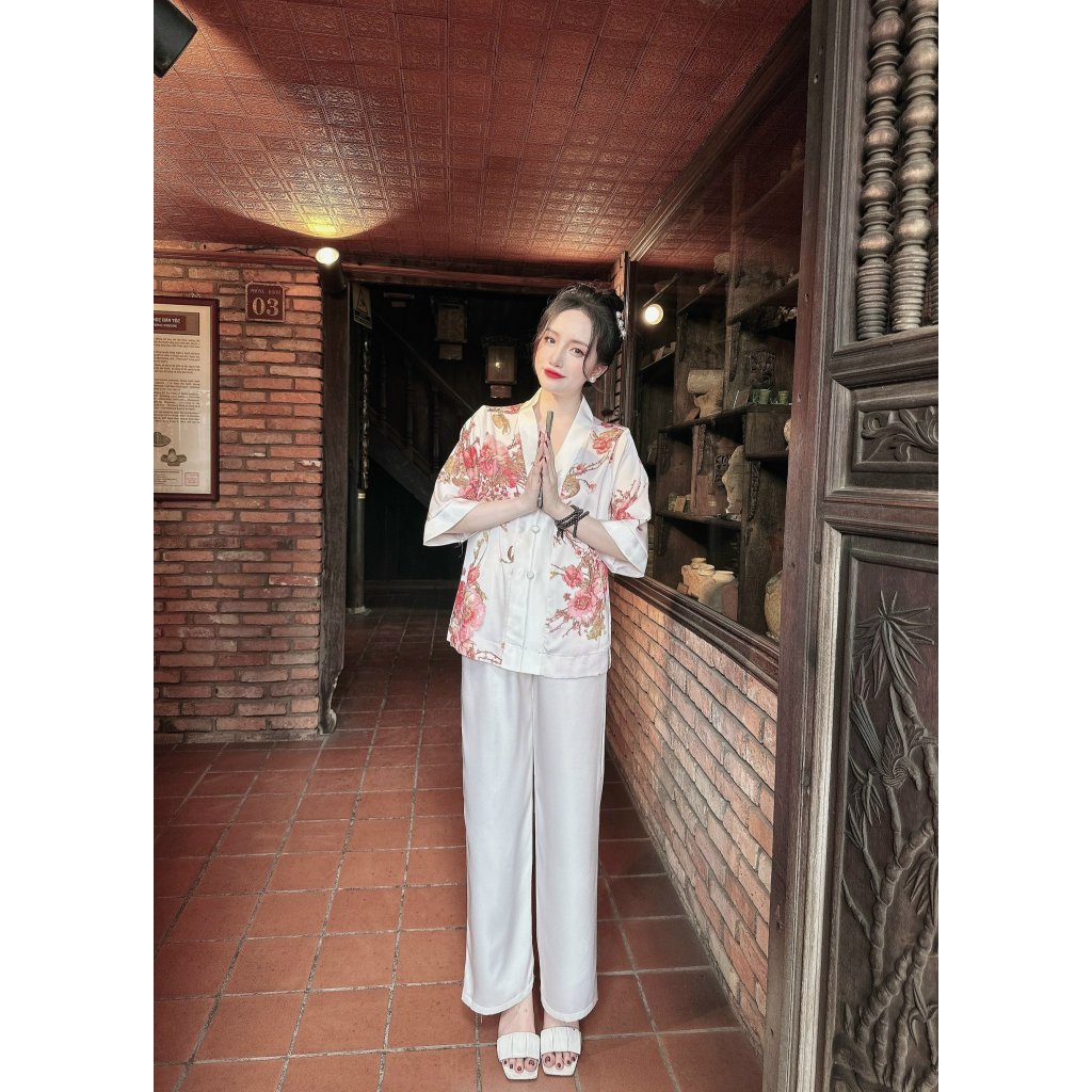 Bộ đồ ngủ nữ cao cấp VY LINH chất liệu lụa kim sa mềm mại, thoải mái, dễ chịu có thể mặc đi lễ đền, chùa s65