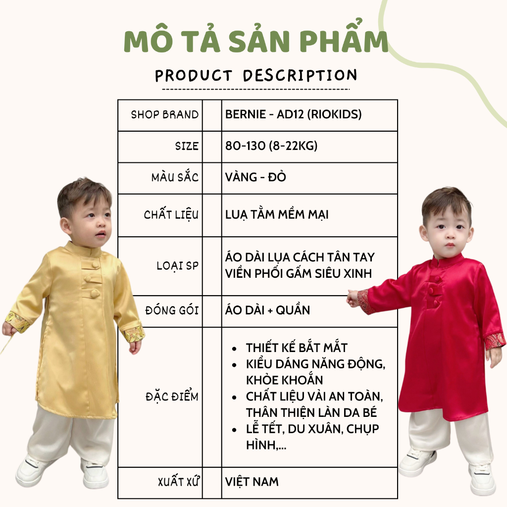 Set áo dài lụa cách tân BERNIE cho bé trai đi chơi Lễ Tết, du Xuân chụp hình AD12