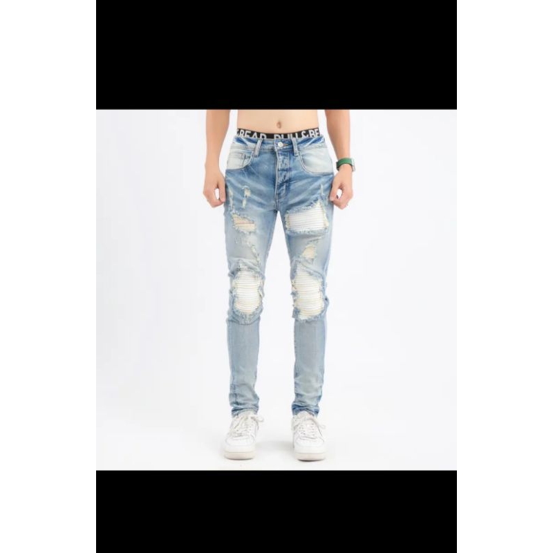 Quần Jeans Nam AMIRI 4 Cúc, Vá Da Trắng Cứng Màu Xanh Nhạt