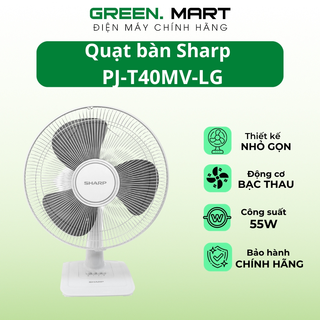 Quạt để bàn Sharp PJ-T40MV-LG | Quạt điện Sharp T40MV động cơ bạc thau bền bỉ êm ái | Hàng chính hãng