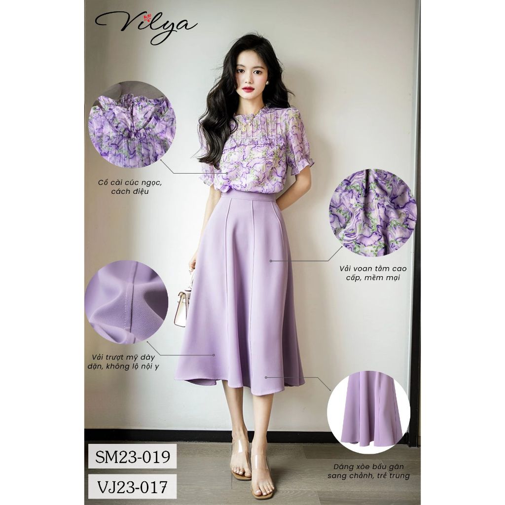 Set sơ mi chân váy công sở VILYA voan hoa tím cổ nhún SM23-019