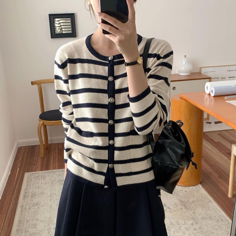 Áo cardigan len kẻ cúc đồng bạc chất len hạt gạo hàng chuẩn Qc loại 1 - sẵn