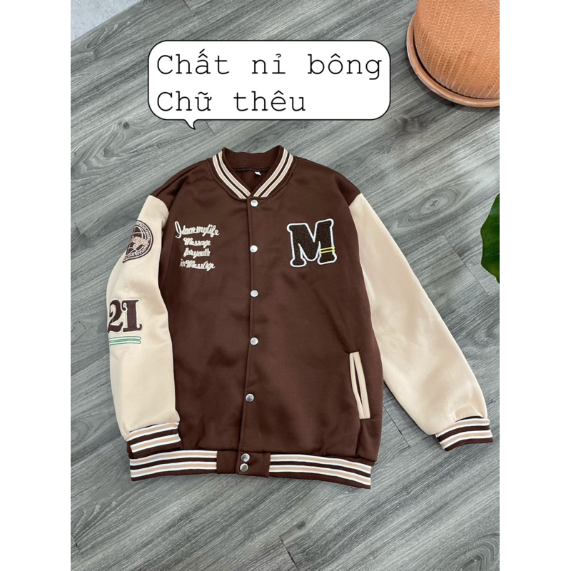 Áo khoác bomber tay da nam nữ màu nâu thêu chữ M
