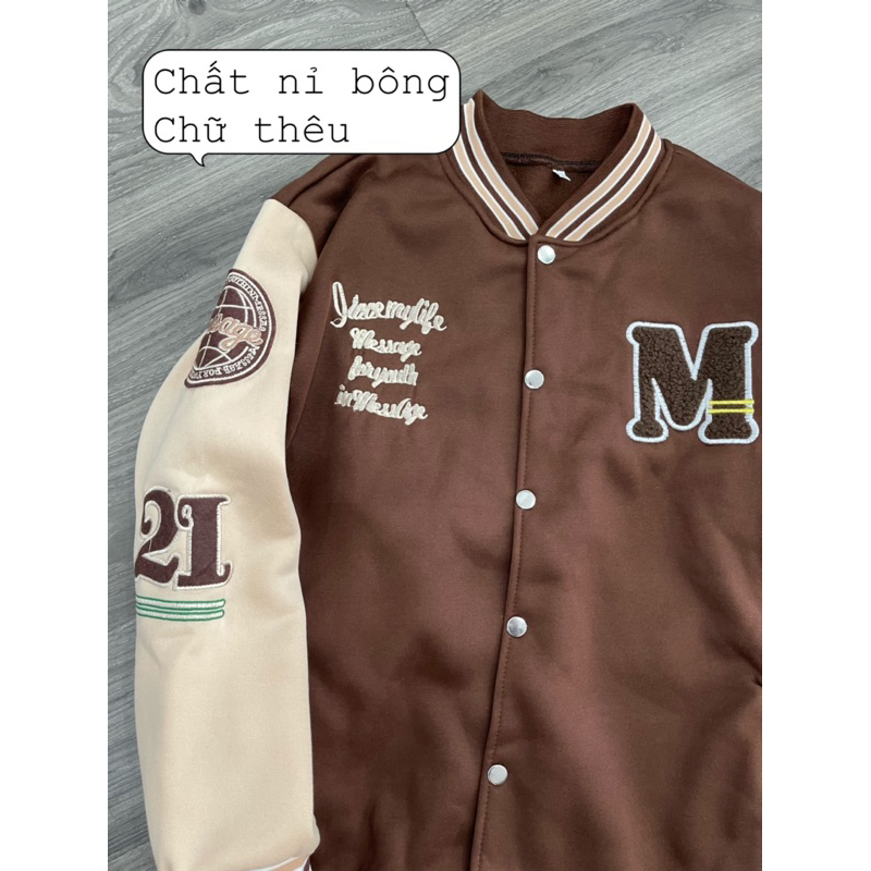 Áo khoác bomber tay da nam nữ màu nâu thêu chữ M