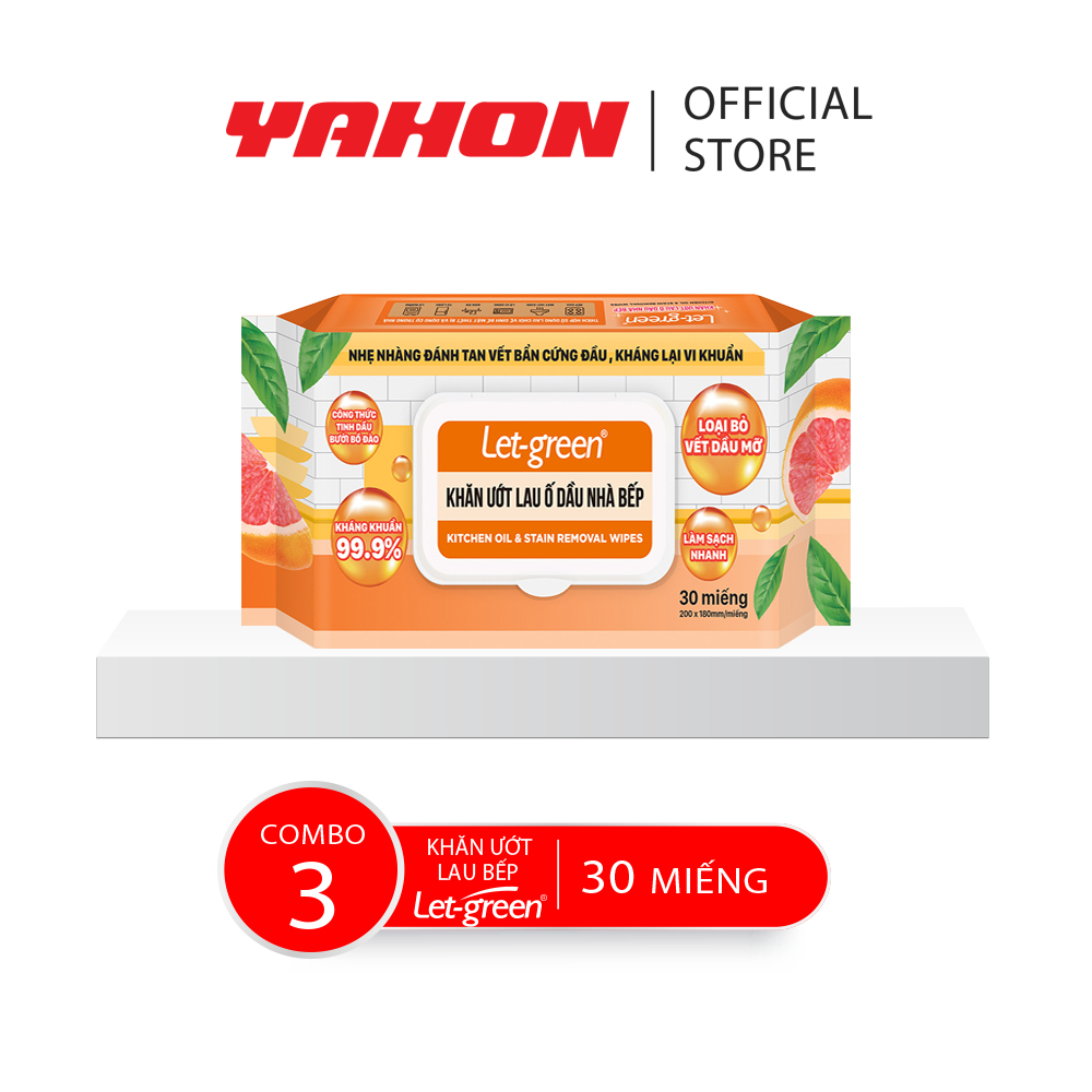 Combo 3 Bao Khăn Ướt Lau Ố Dầu Nhà Bếp LET-GREEN, 30 Tờ/Bao