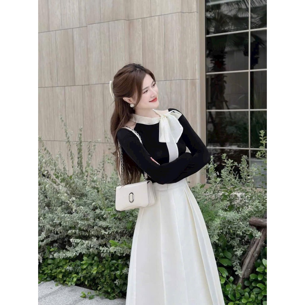 Set Đồ Nữ Thu Đông 2 Món, Áo Borip Khoét Vai Thắt Nơ Trắng Kèm Chân Váy Dáng Dài Xếp Ly, Set Váy Nữ Tiểu Thư Xinh Xắn