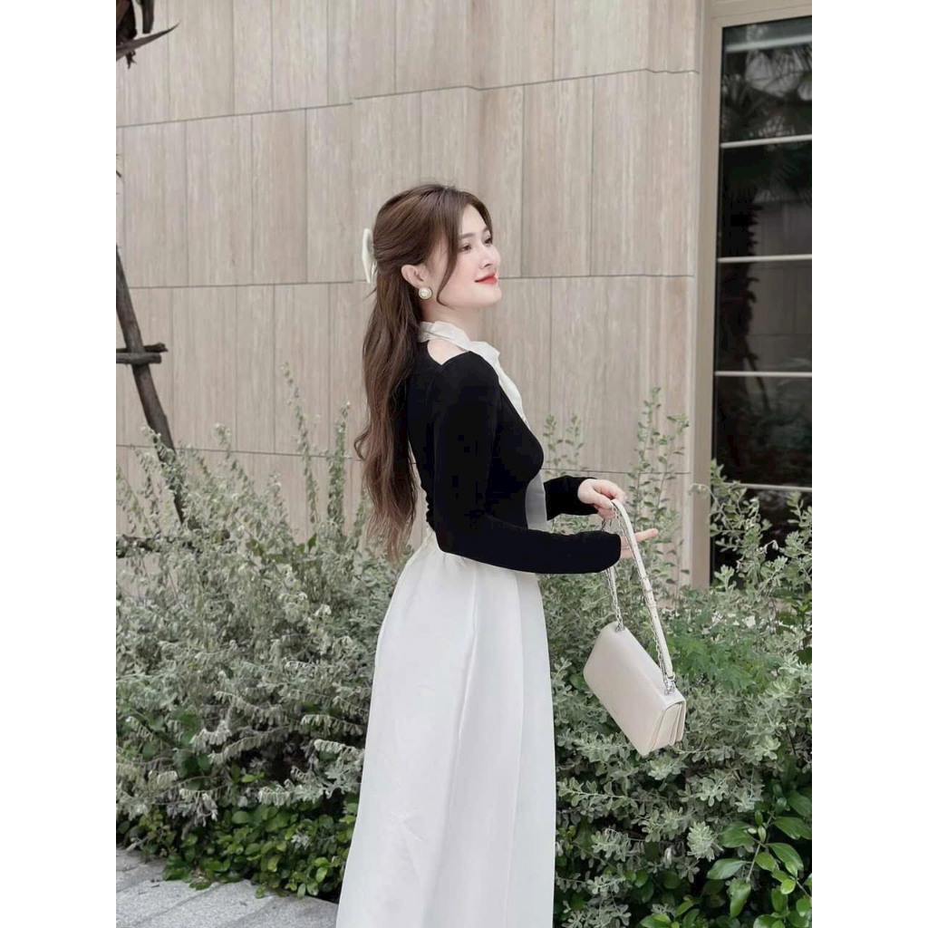 Set Đồ Nữ Thu Đông 2 Món, Áo Borip Khoét Vai Thắt Nơ Trắng Kèm Chân Váy Dáng Dài Xếp Ly, Set Váy Nữ Tiểu Thư Xinh Xắn