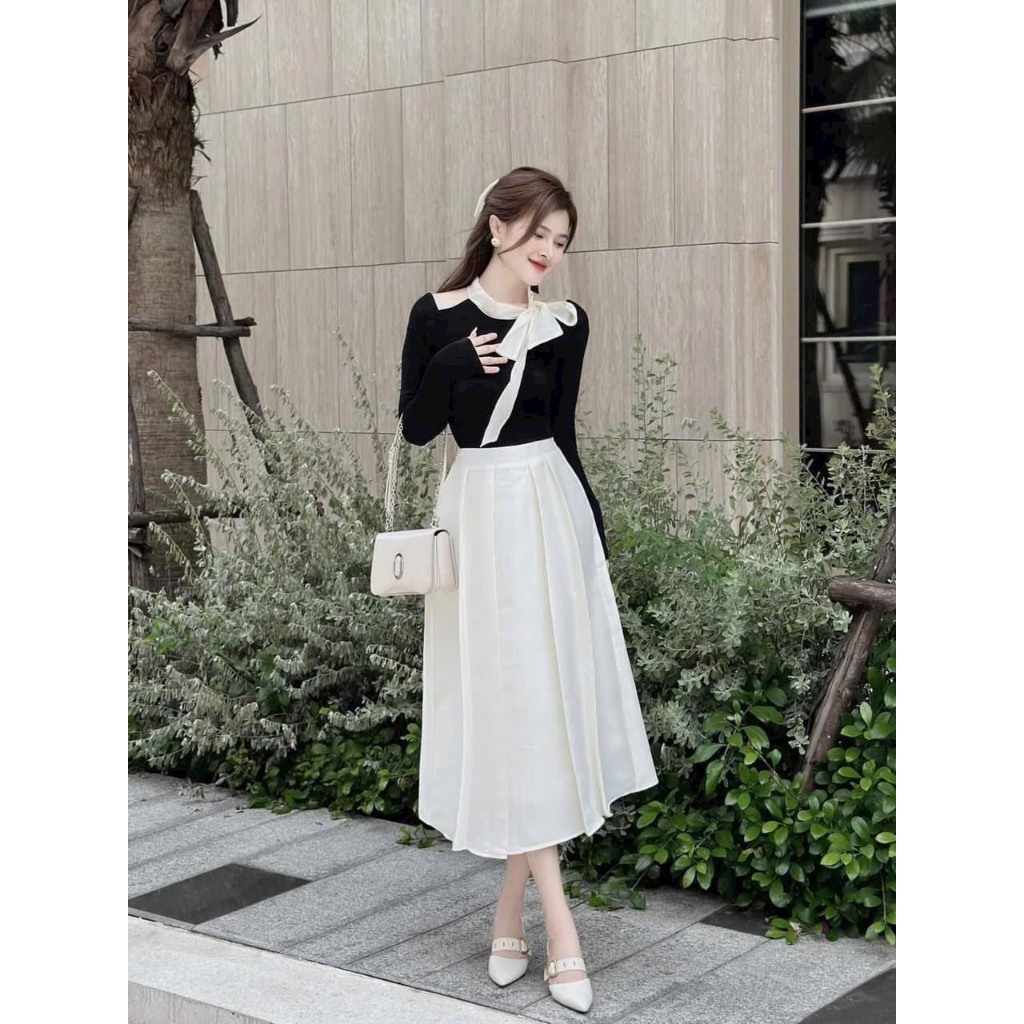 Set Đồ Nữ Thu Đông 2 Món, Áo Borip Khoét Vai Thắt Nơ Trắng Kèm Chân Váy Dáng Dài Xếp Ly, Set Váy Nữ Tiểu Thư Xinh Xắn