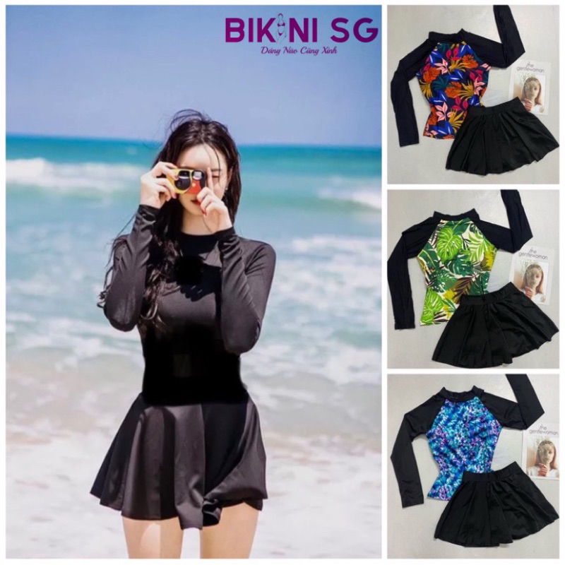 Đồ bơi nữ chống nắng giữ nhiệt tay dài phối váy xoè đen đi bơi biển tiện dụng