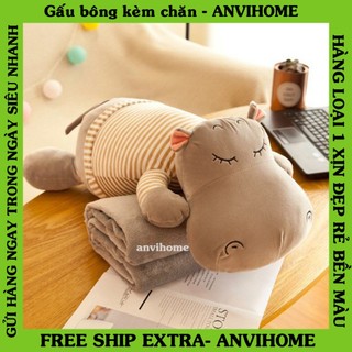 Bộ chăn gối văn phòng, Gối mền văn phòng, Gấu bông có chăn, gấu có chăn, Gối ngủ Hình hà mã Hippo siêu to Anvihome