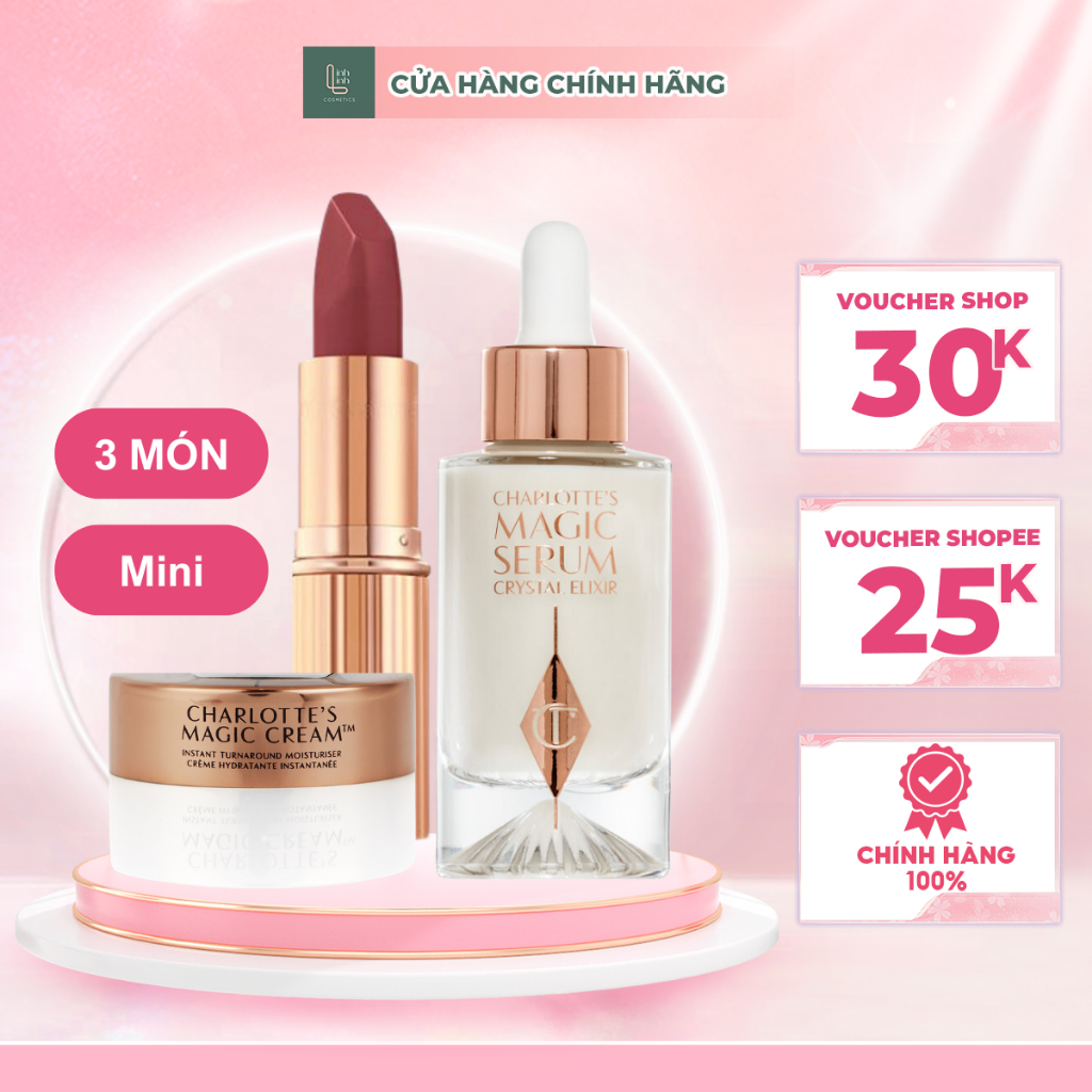 Set mini Charlotte Tilbury gồm 3 món son, kem dưỡng và serum dưỡng da makeup hoàn hảo