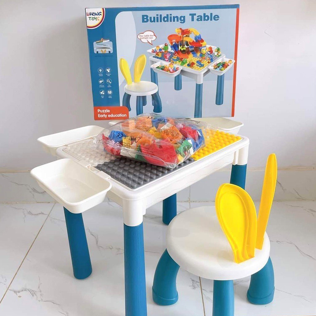 Bộ Bàn Ghế Lego 110 chi tiết, có ngăn kéo kèm ghế cho bé lắp ráp lego- Đồ chơi thông minh cho bé