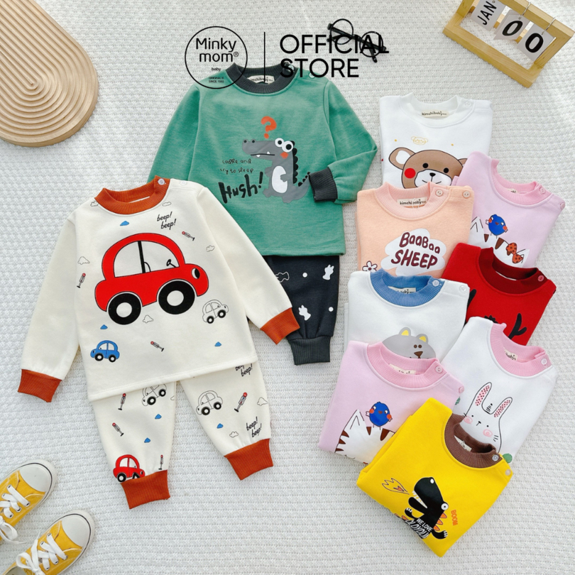 Đồ Bộ Dài Tay Bé Trai, Bé Gái KIMCHIBABY Họa Tiết Ô Tô Cúc Vai, Bộ Nỉ Lót Bông Cho Bé Mặc Nhà Thu Đông KCTD323