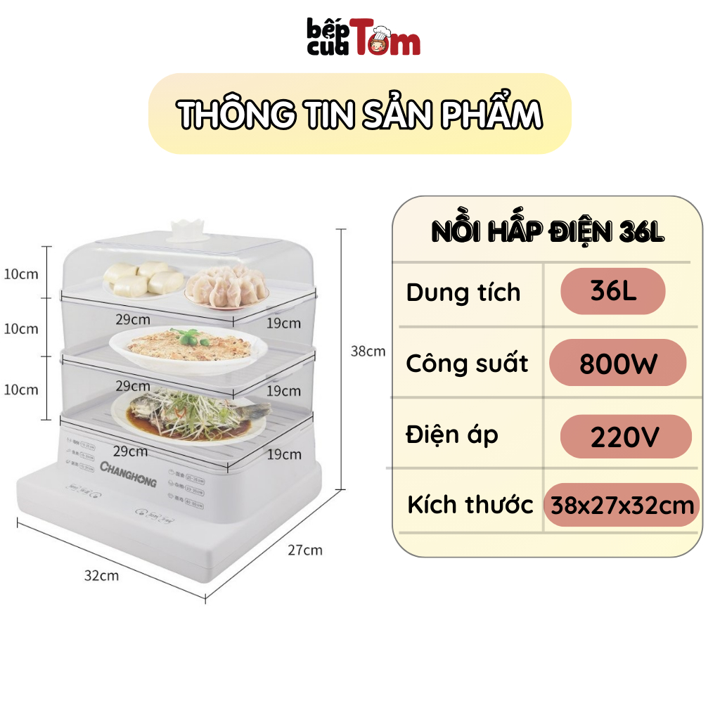 Nồi Hấp Điện Đa Năng Changhong 3 Tầng 36L, Nồi Hấp Gà Nguyên Con Bảo Hành 12 Tháng