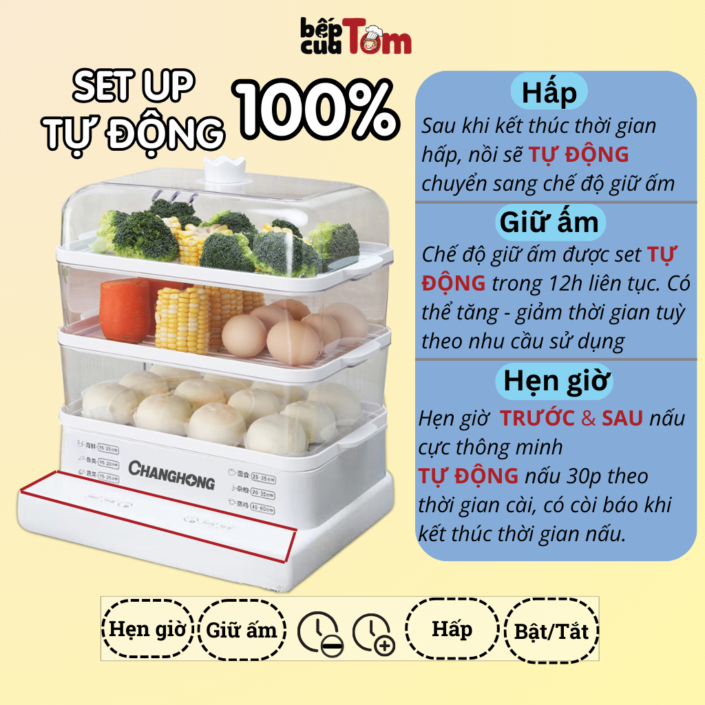 Nồi Hấp Điện Đa Năng Changhong 3 Tầng 36L, Nồi Hấp Gà Nguyên Con Bảo Hành 12 Tháng