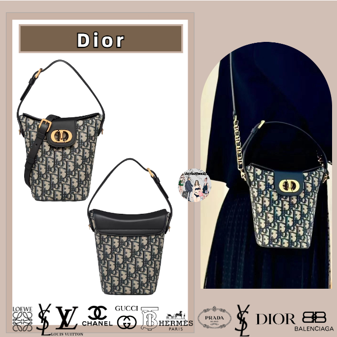 Dior/30 MONTAIGNE/In xiên màu xanh/Da bò/Mini/Túi Bucket/Túi dây xích/Túi đeo chéo vai
