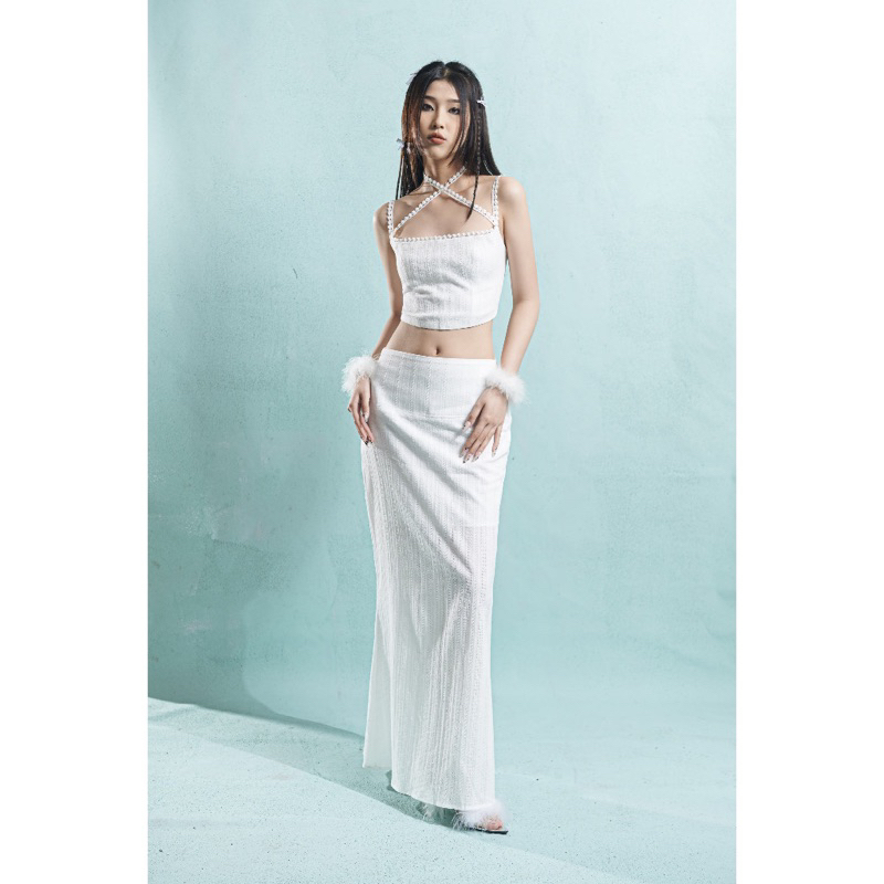 Chân váy dáng dài ren trắng 2 lớp
