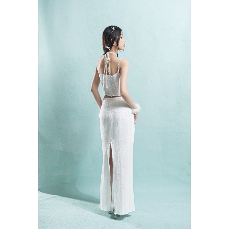 Chân váy dáng dài ren trắng 2 lớp