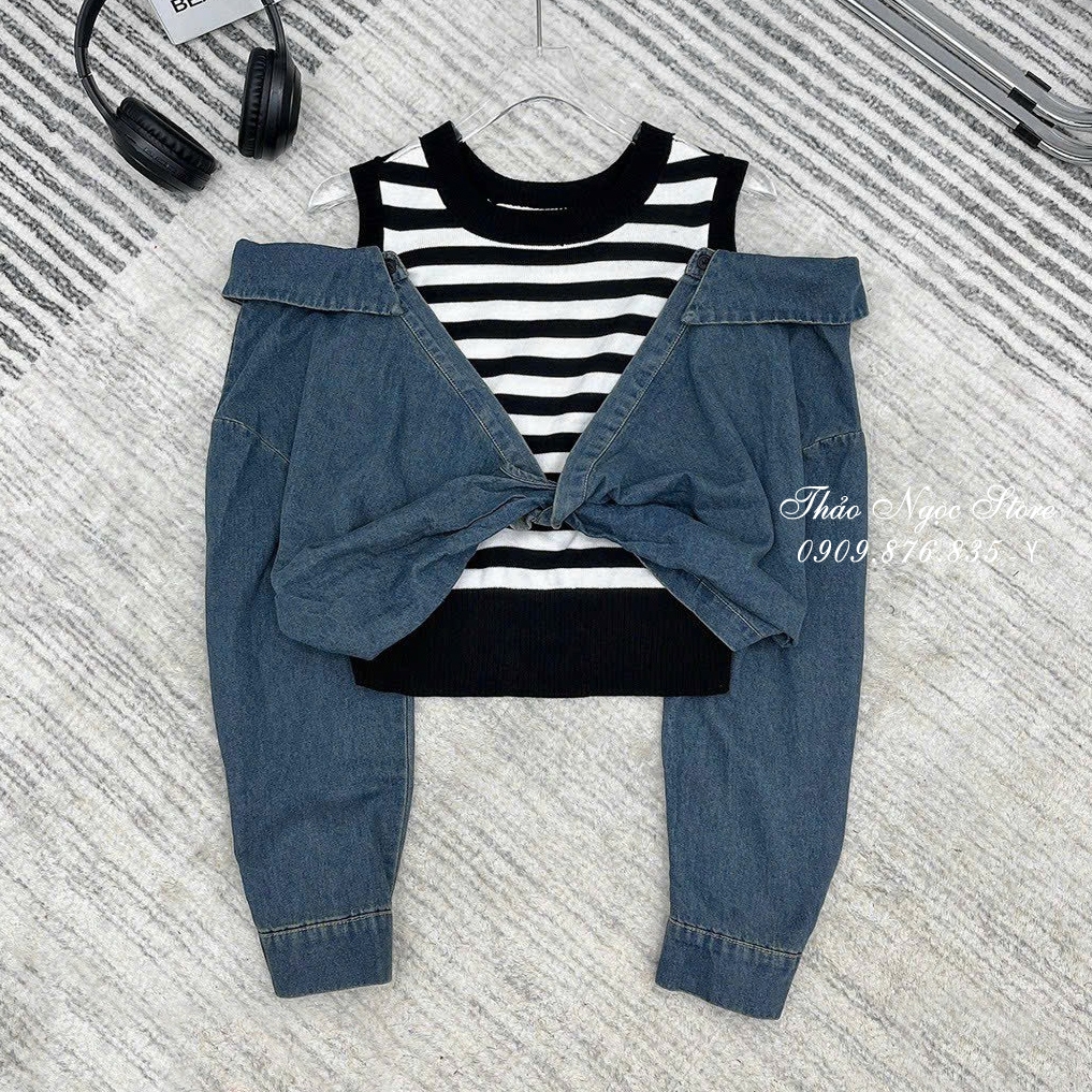 Áo jean nữ croptop rớt vai phối áo thun!  THẢO NGỌC STORE