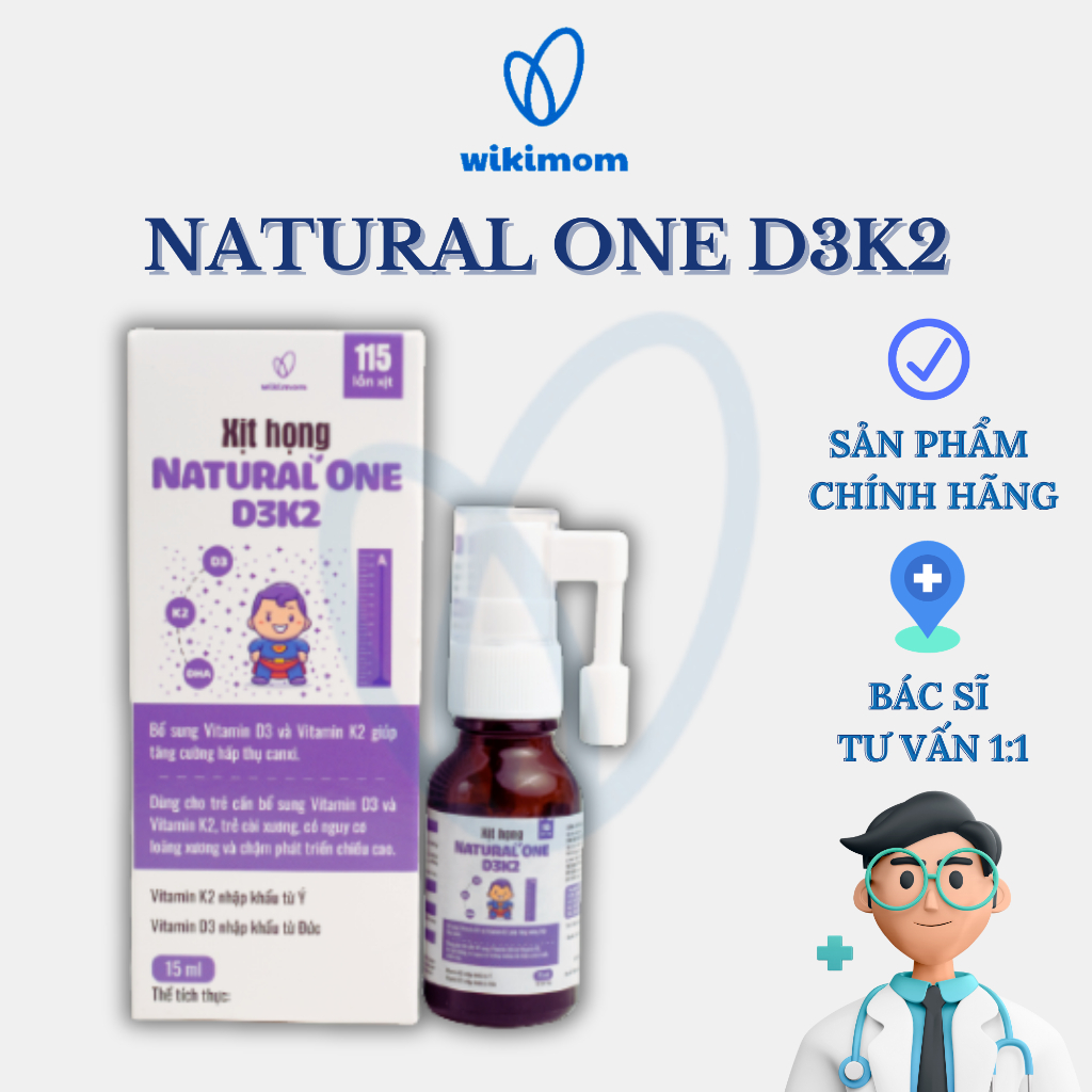 Xịt Vitamin D3K2 Natural one 15ml Wikimom - Bổ sung vitamin d3, vitamin k2 giúp hấp thu canxi cho bé Canxi