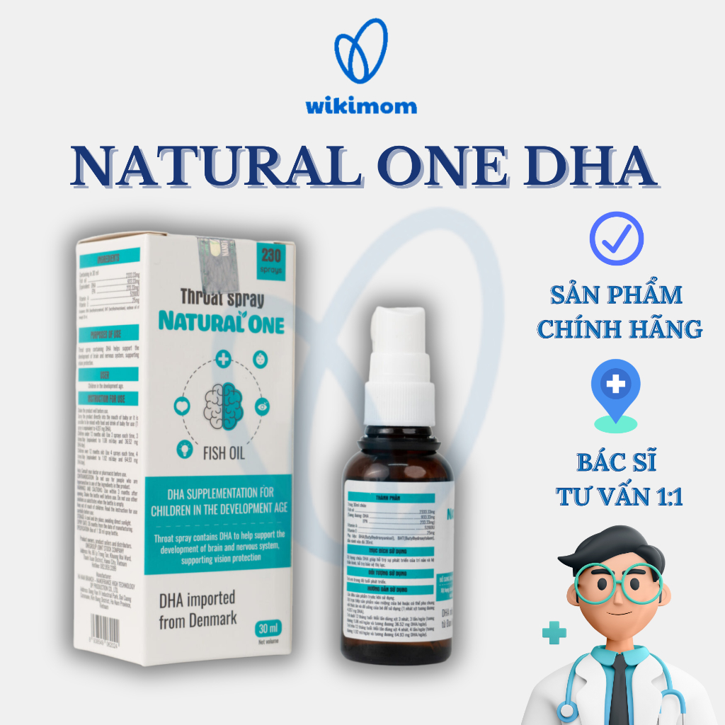 DHA Xịt họng Natural one 30ml Wikimom - Bổ sung Vitamin, DHA giúp phát triển trí não, thông minh, tinh mắt
