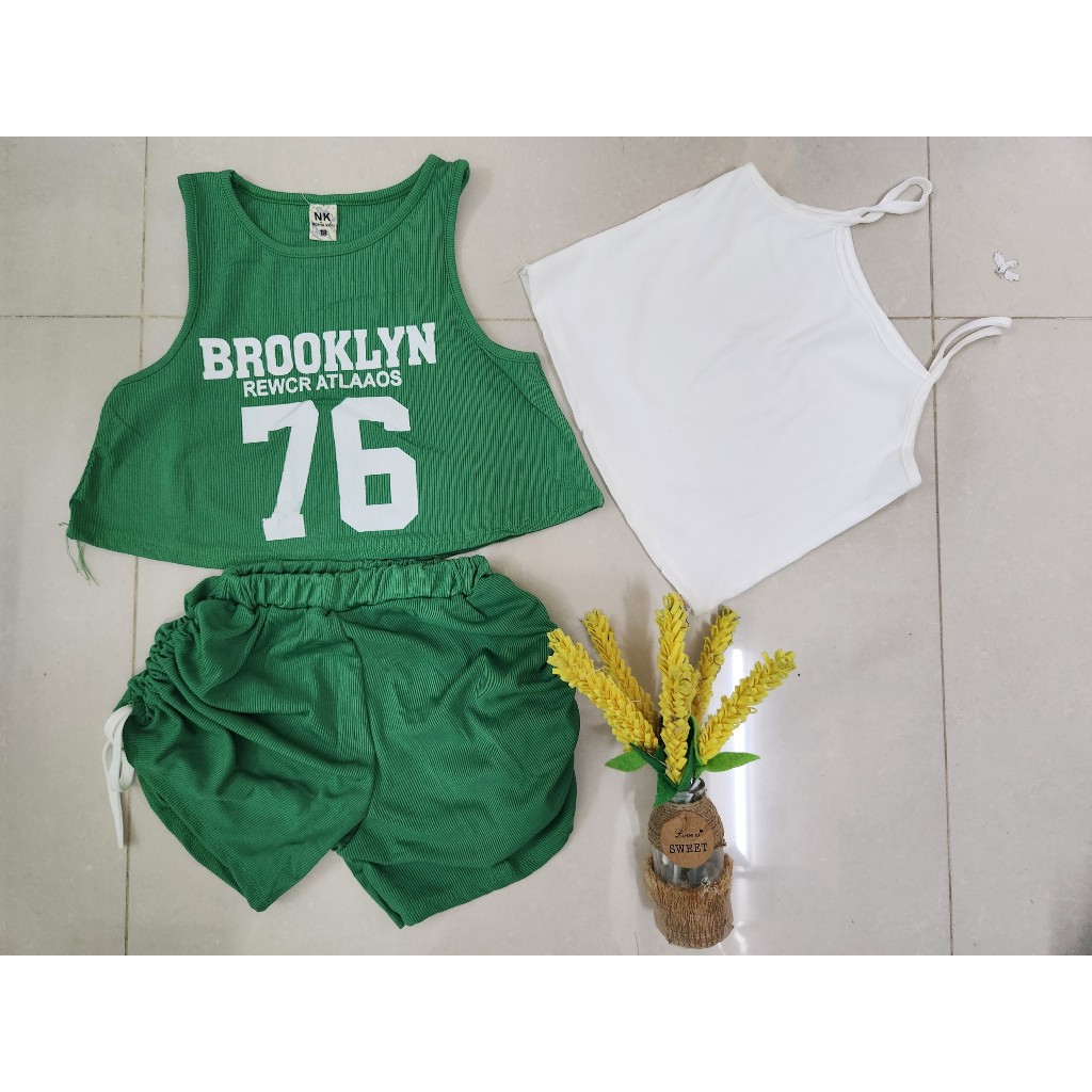 Set áo croptop  + quần đùi dây rút vải thun gân tăm cho bé gái đi chơi, đi học