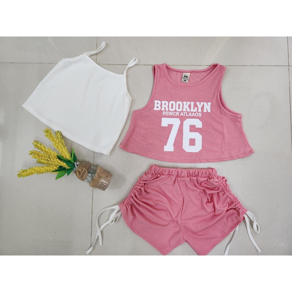 Set áo croptop  + quần đùi dây rút vải thun gân tăm cho bé gái đi chơi, đi học